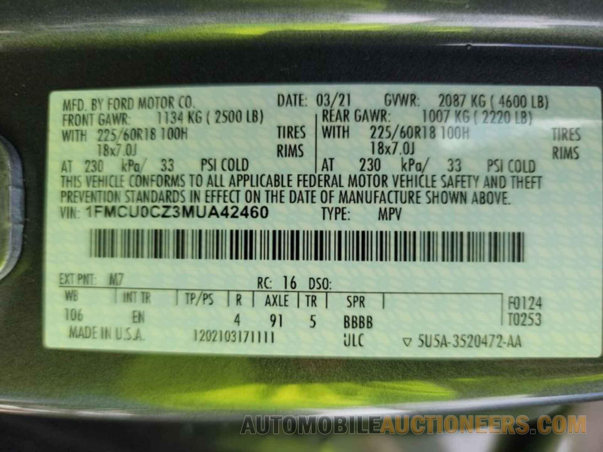 1FMCU0CZ3MUA42460 FORD ESCAPE 2021