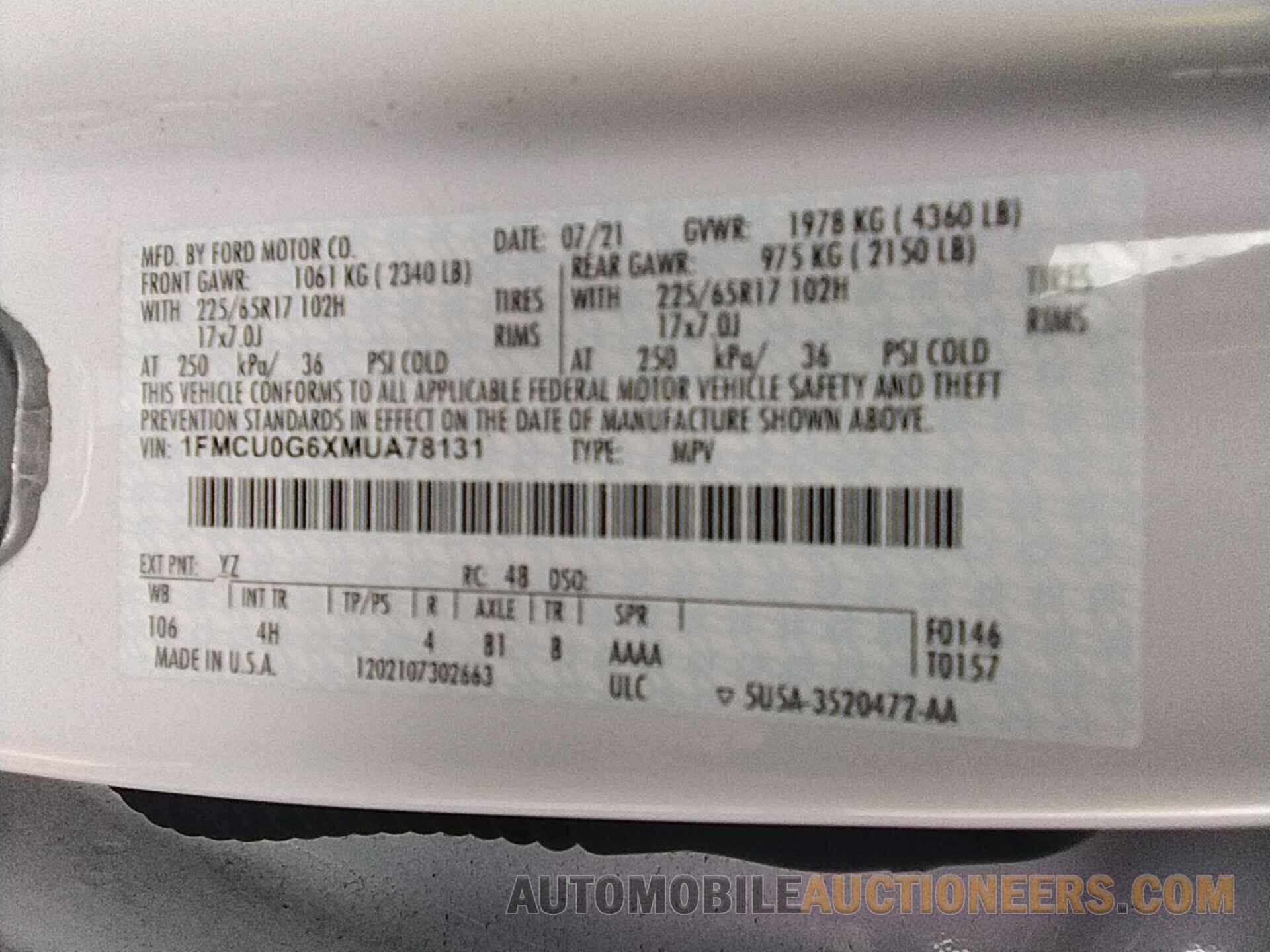 1FMCU0G6XMUA78131 FORD ESCAPE 2021