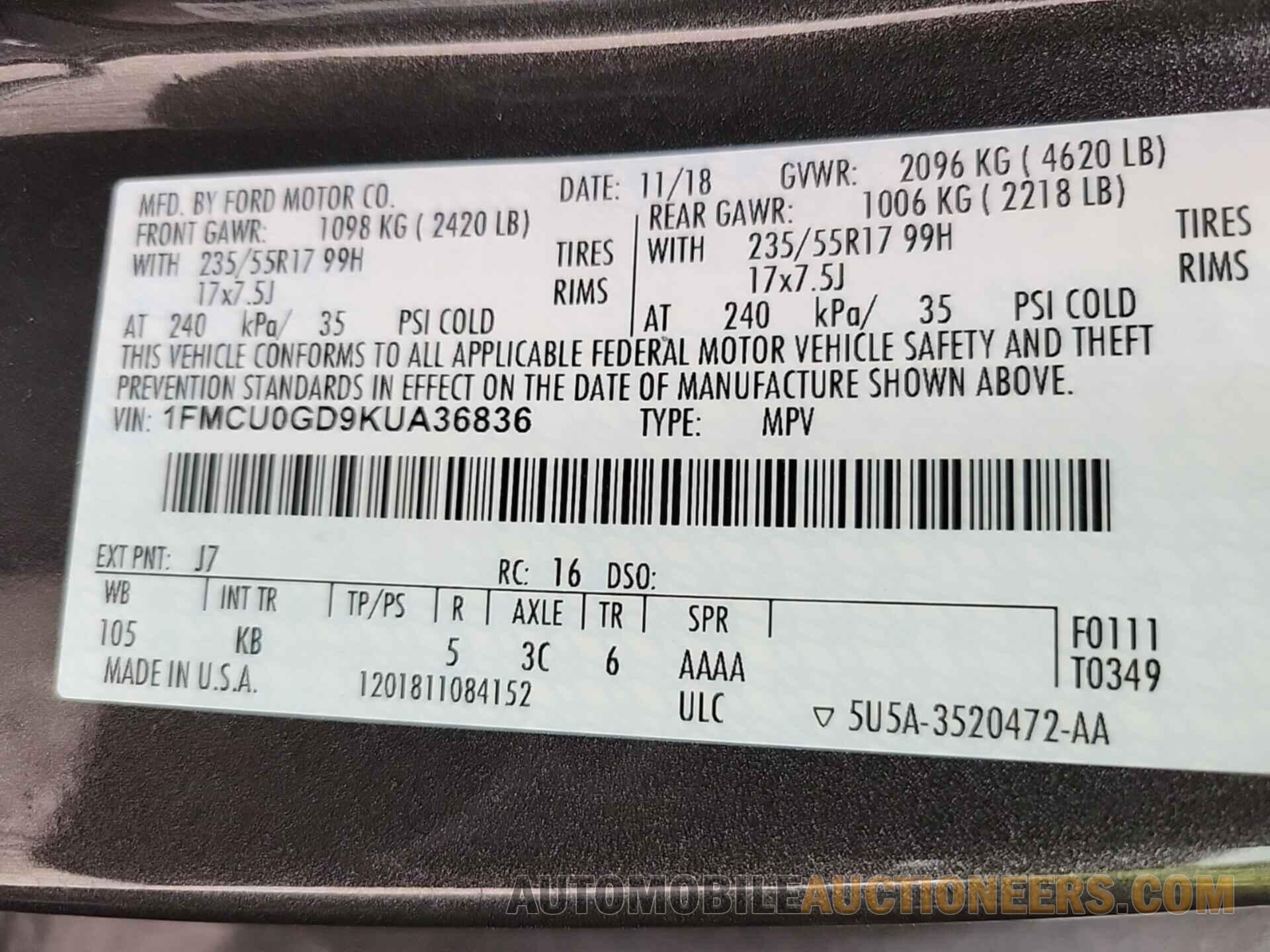 1FMCU0GD9KUA36836 FORD ESCAPE 2019