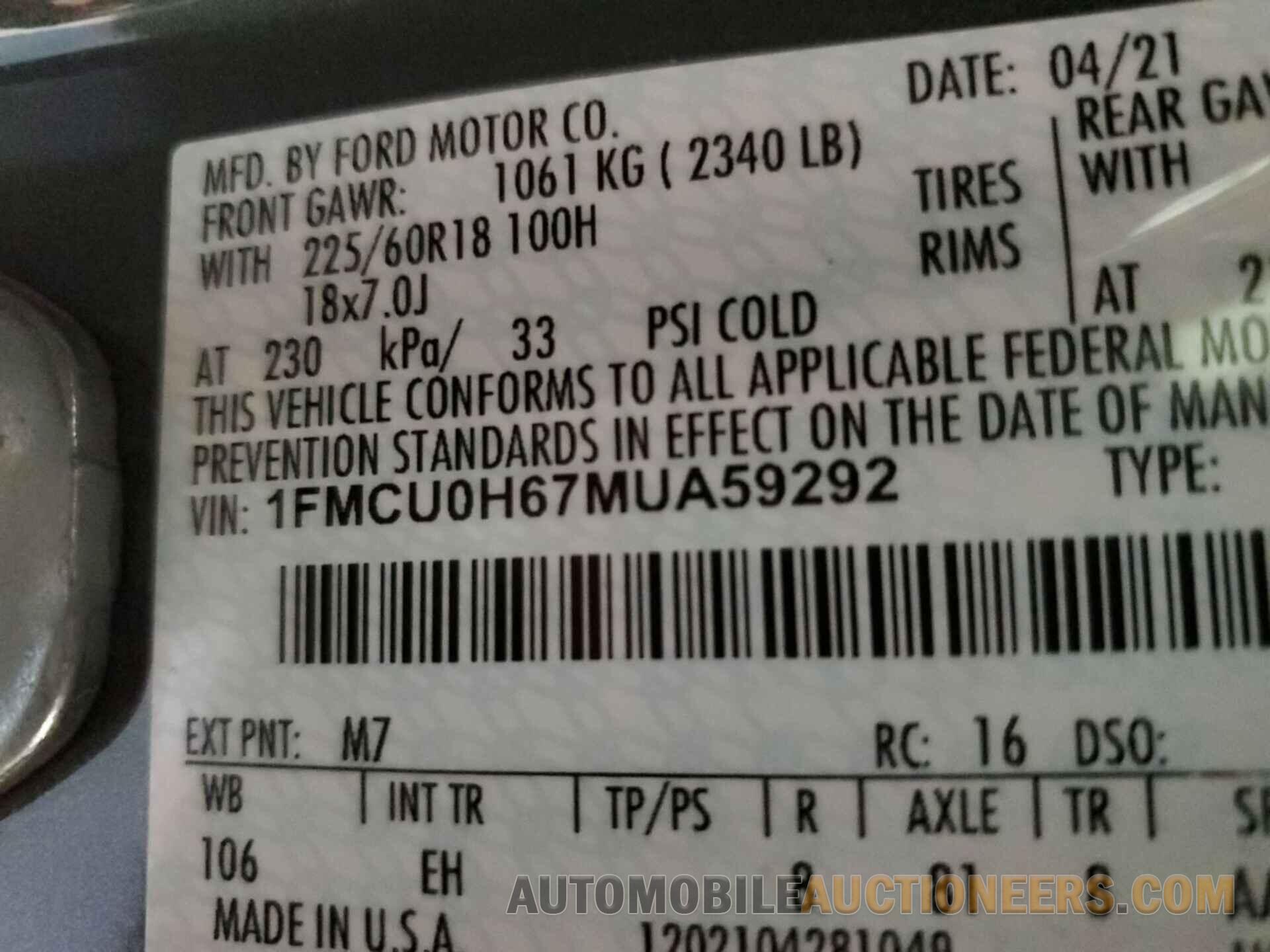 1FMCU0H67MUA59292 FORD ESCAPE 2021