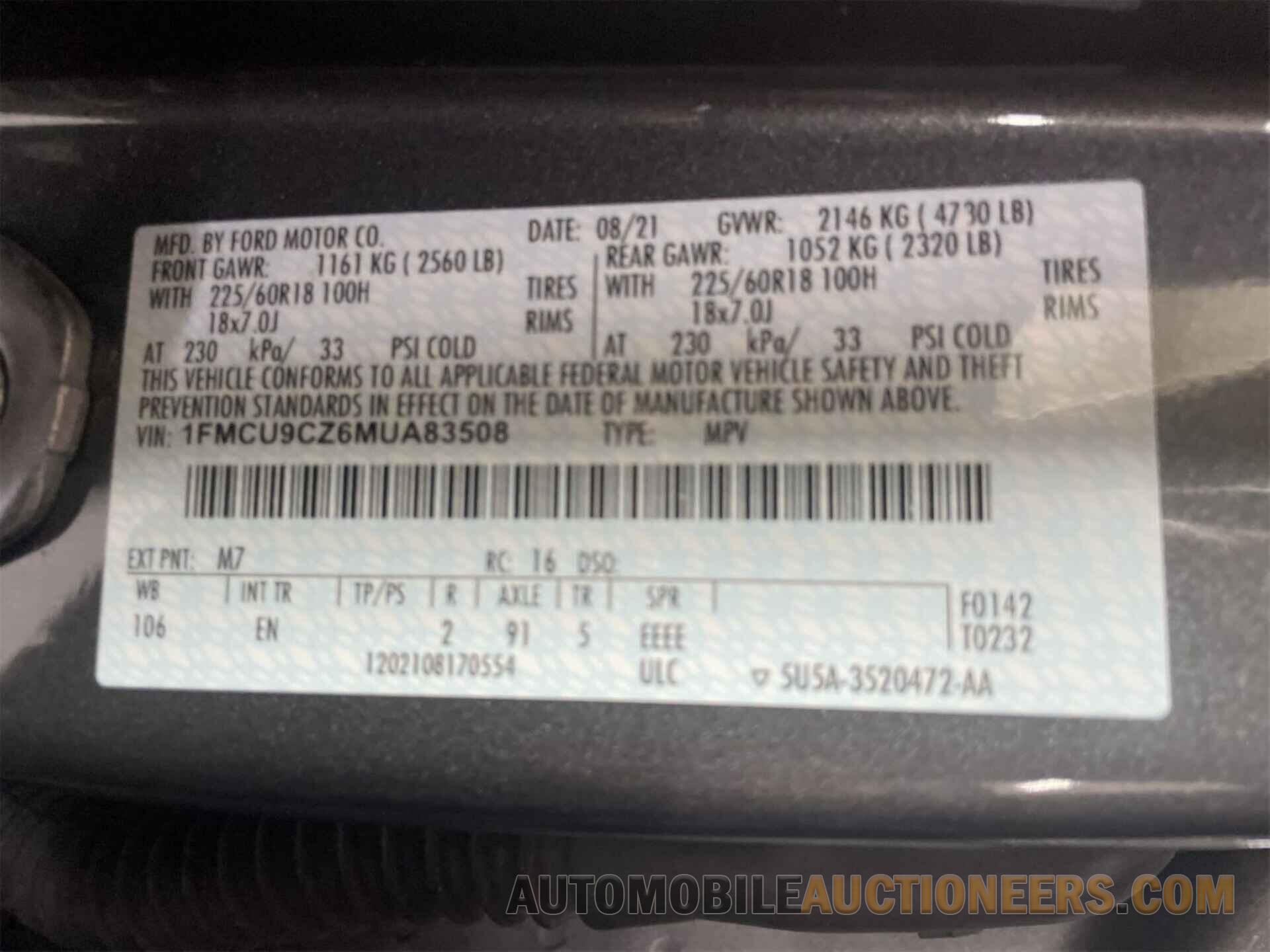 1FMCU9CZ6MUA83508 FORD ESCAPE 2021