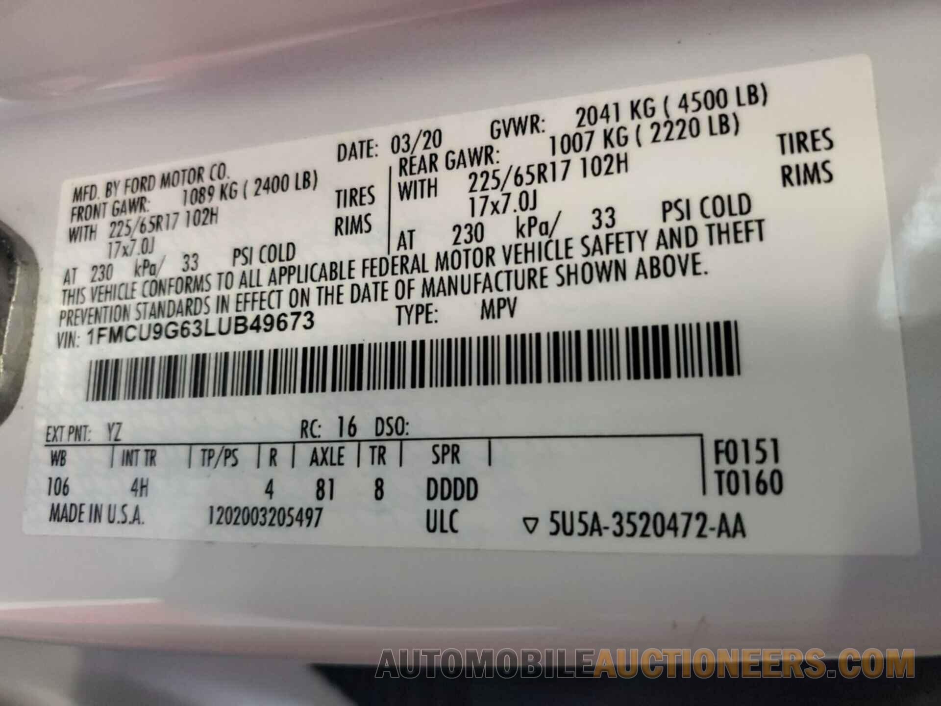 1FMCU9G63LUB49673 FORD ESCAPE 2020