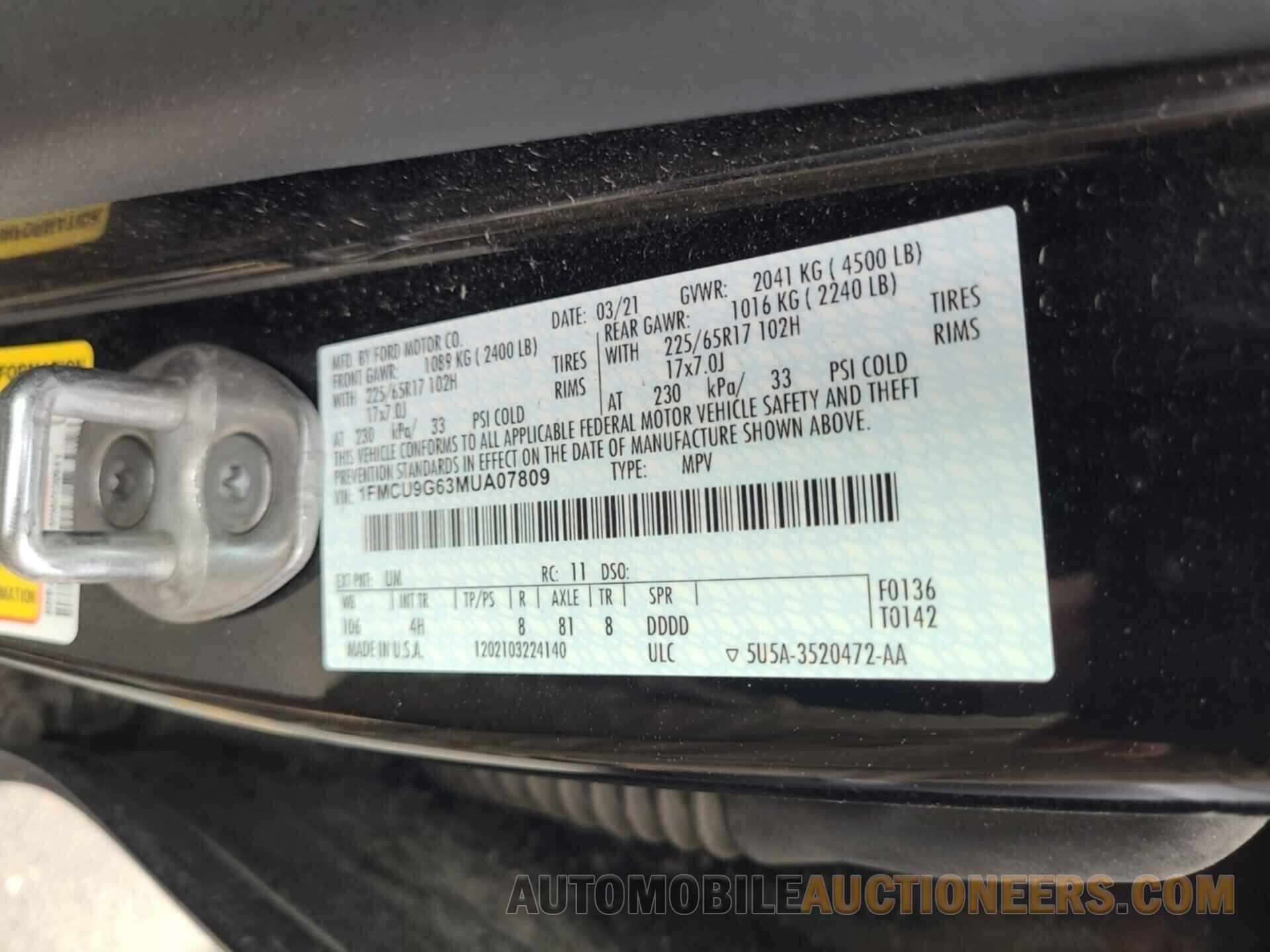 1FMCU9G63MUA07809 FORD ESCAPE 2021