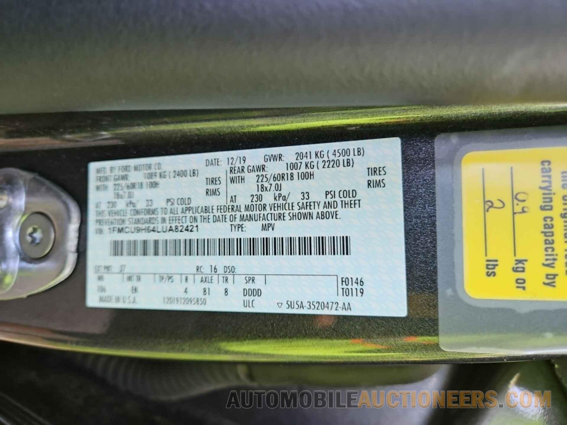 1FMCU9H64LUA82421 FORD ESCAPE 2020