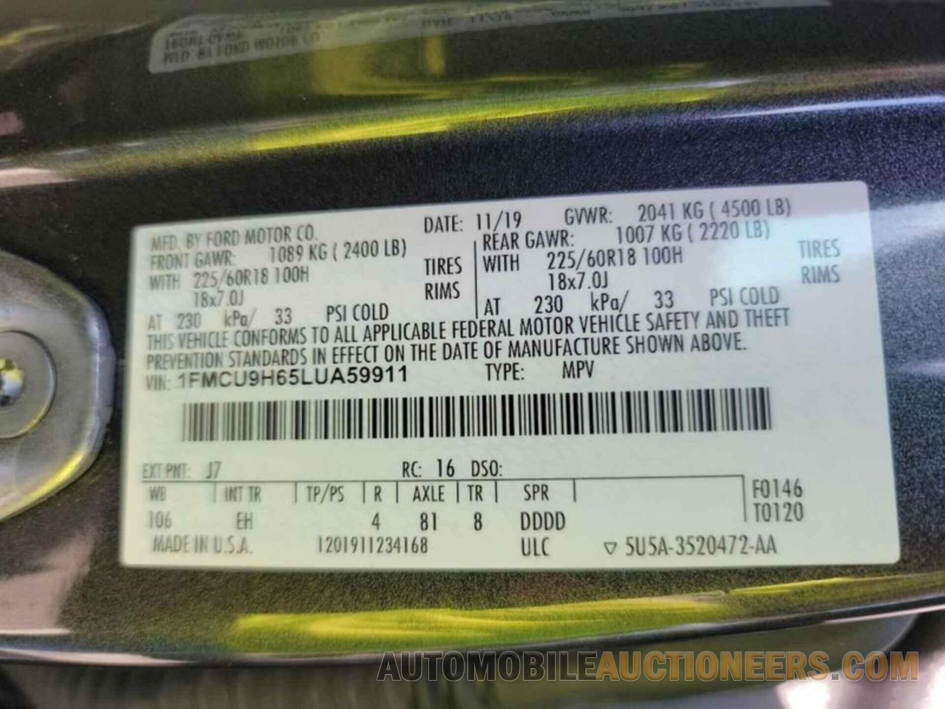 1FMCU9H65LUA59911 FORD ESCAPE 2020