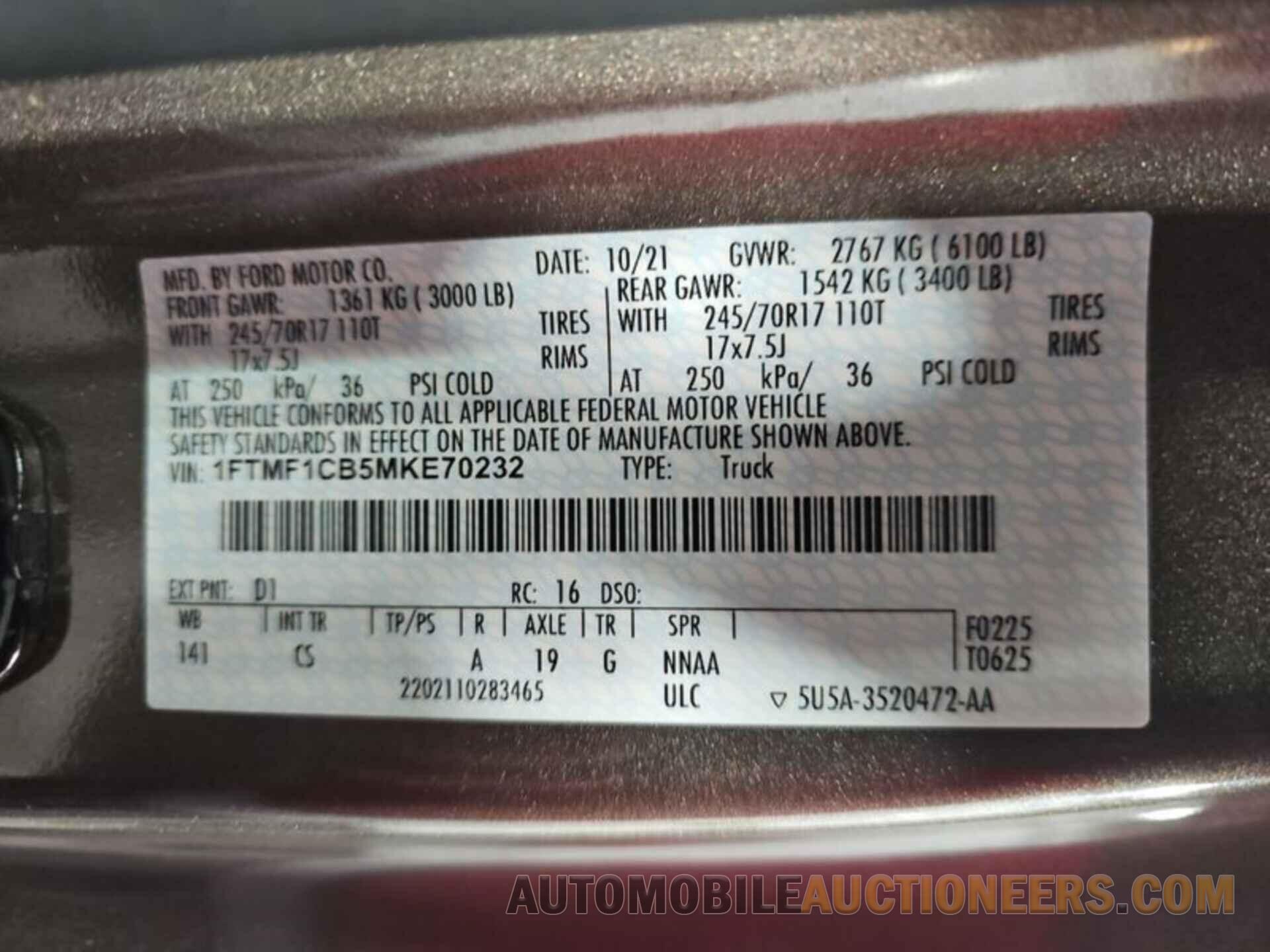 1FTMF1CB5MKE70232 FORD F150 2021