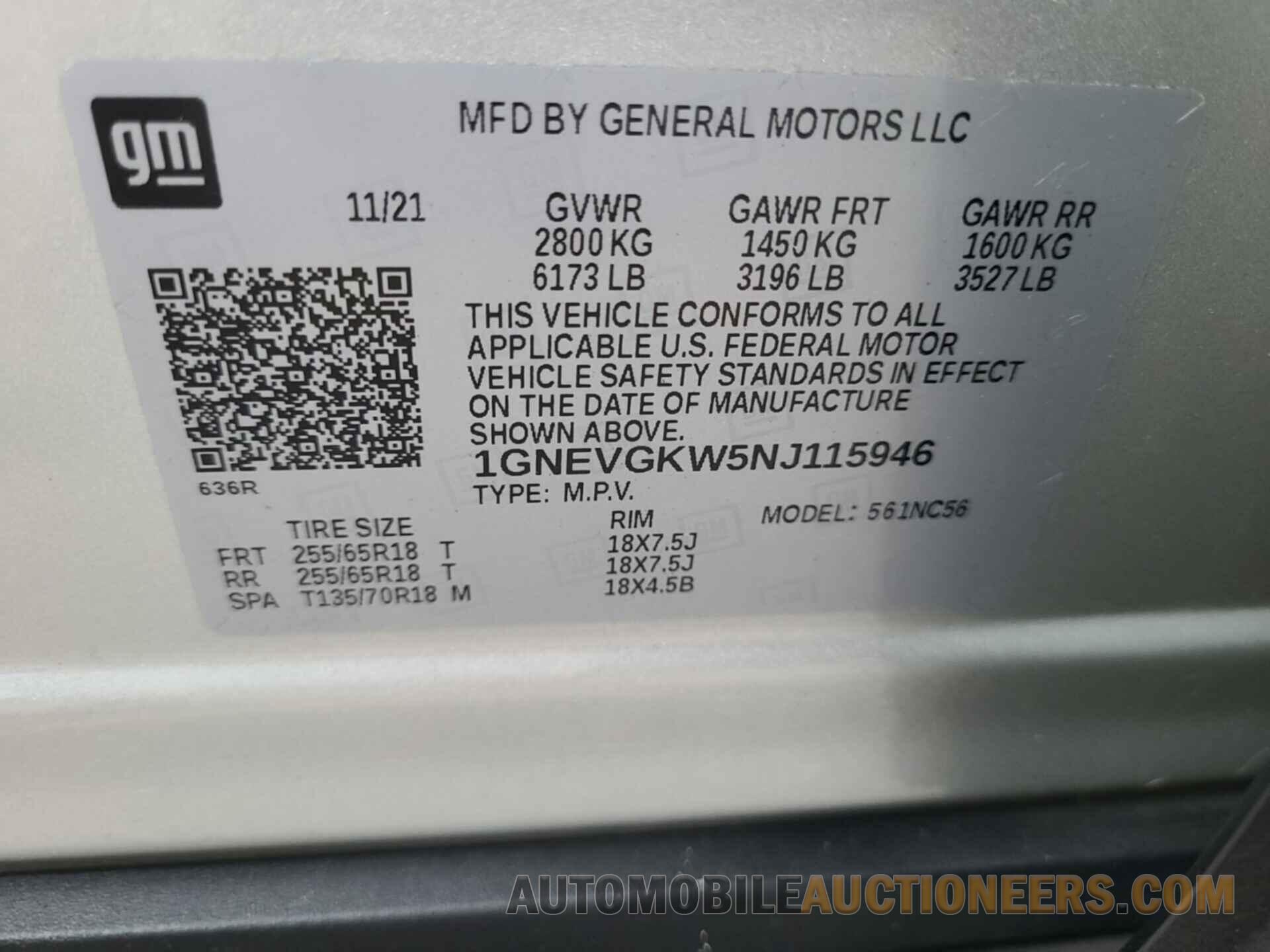 1GNEVGKW5NJ115946 CHEVROLET TRAVERSE 2022