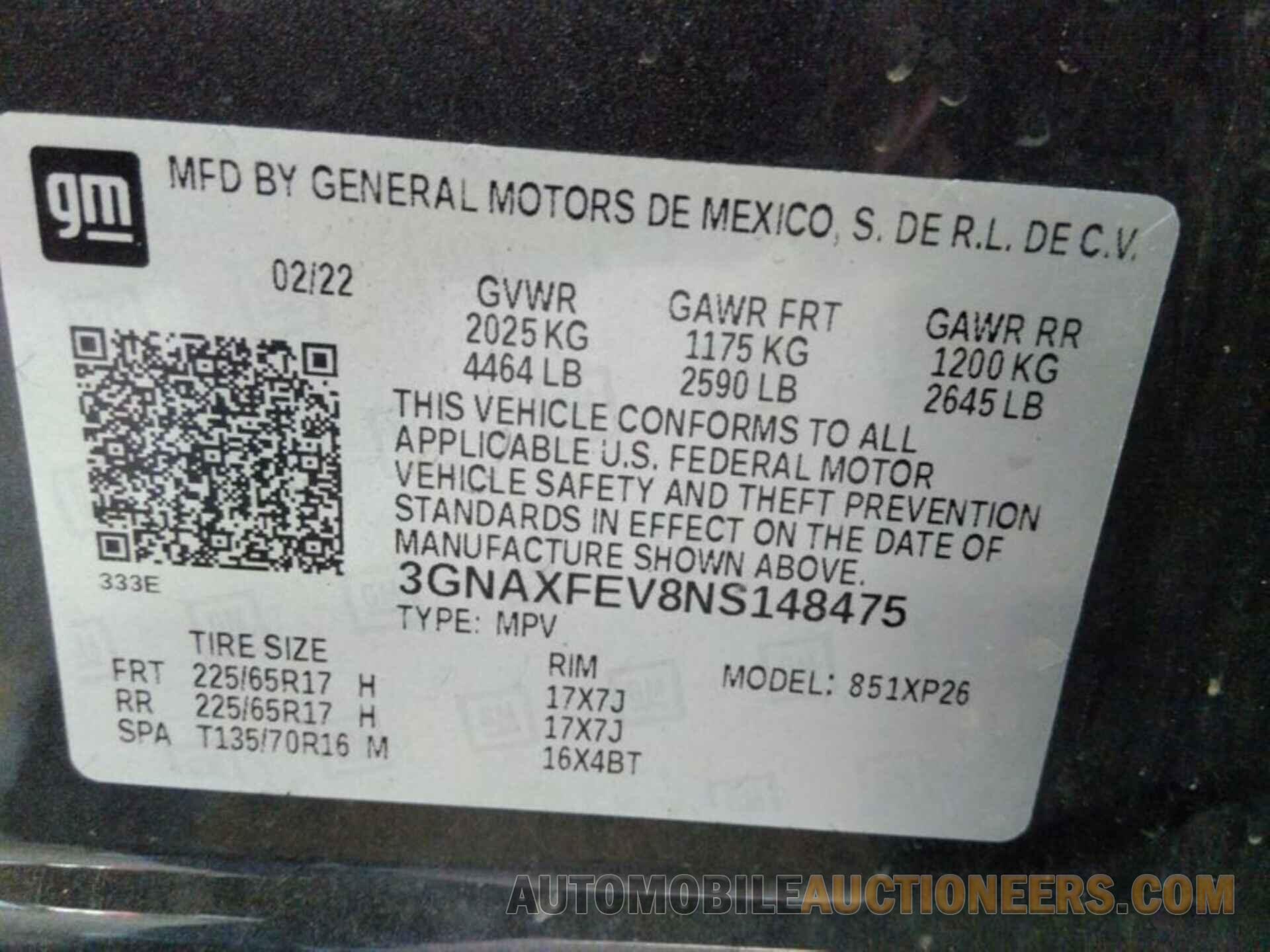 3GNAXFEV8NS148475 CHEVROLET EQUINOX 2022