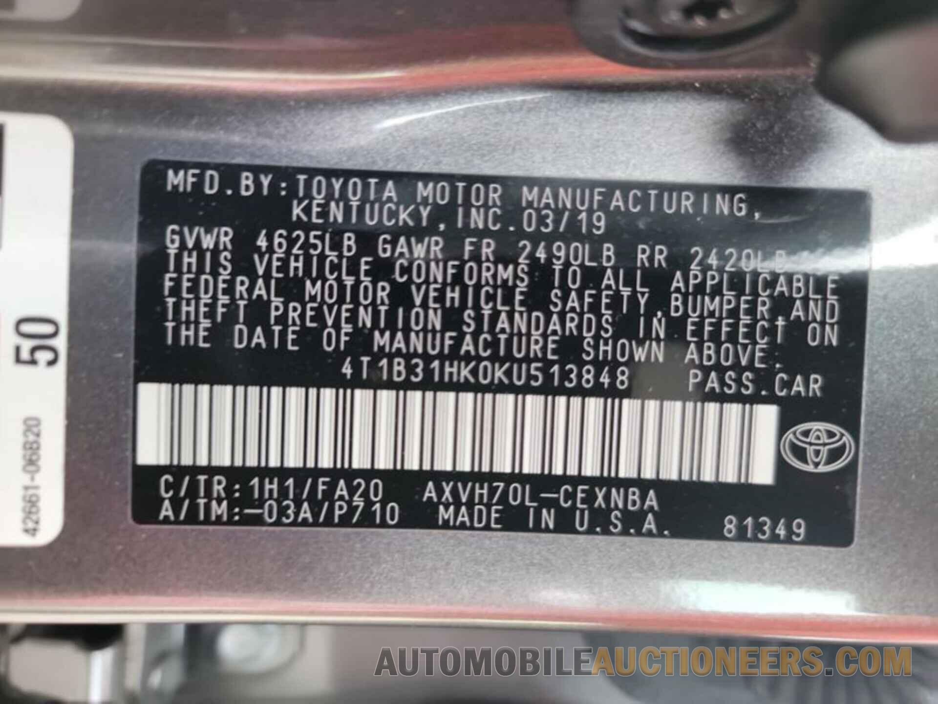 4T1B31HK0KU513848 TOYOTA CAMRY 2019