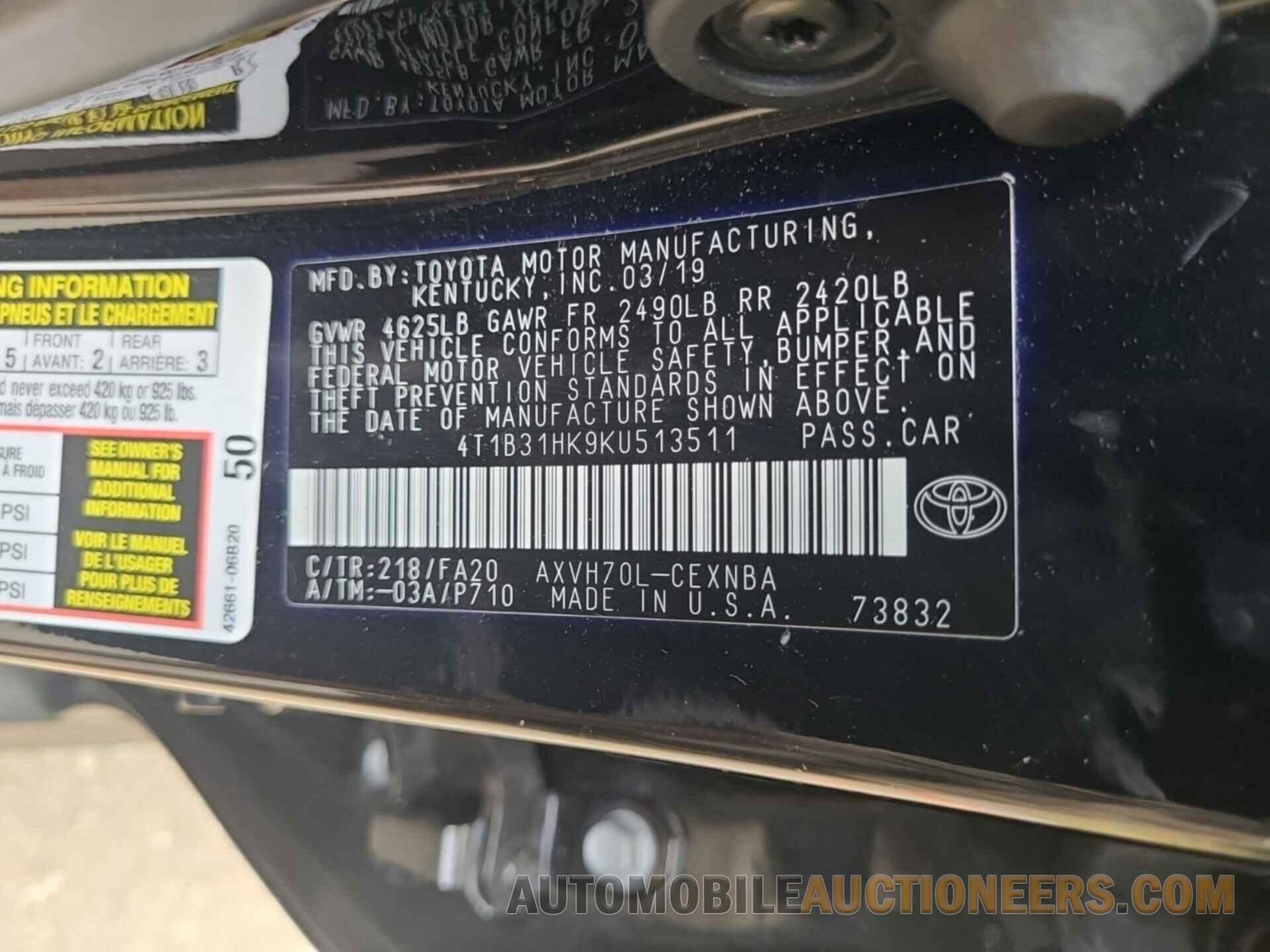 4T1B31HK9KU513511 TOYOTA CAMRY 2019