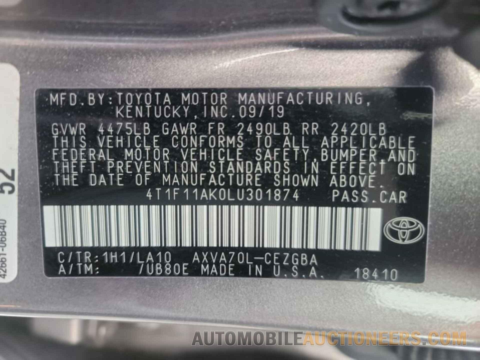 4T1F11AK0LU301874 TOYOTA CAMRY 2020