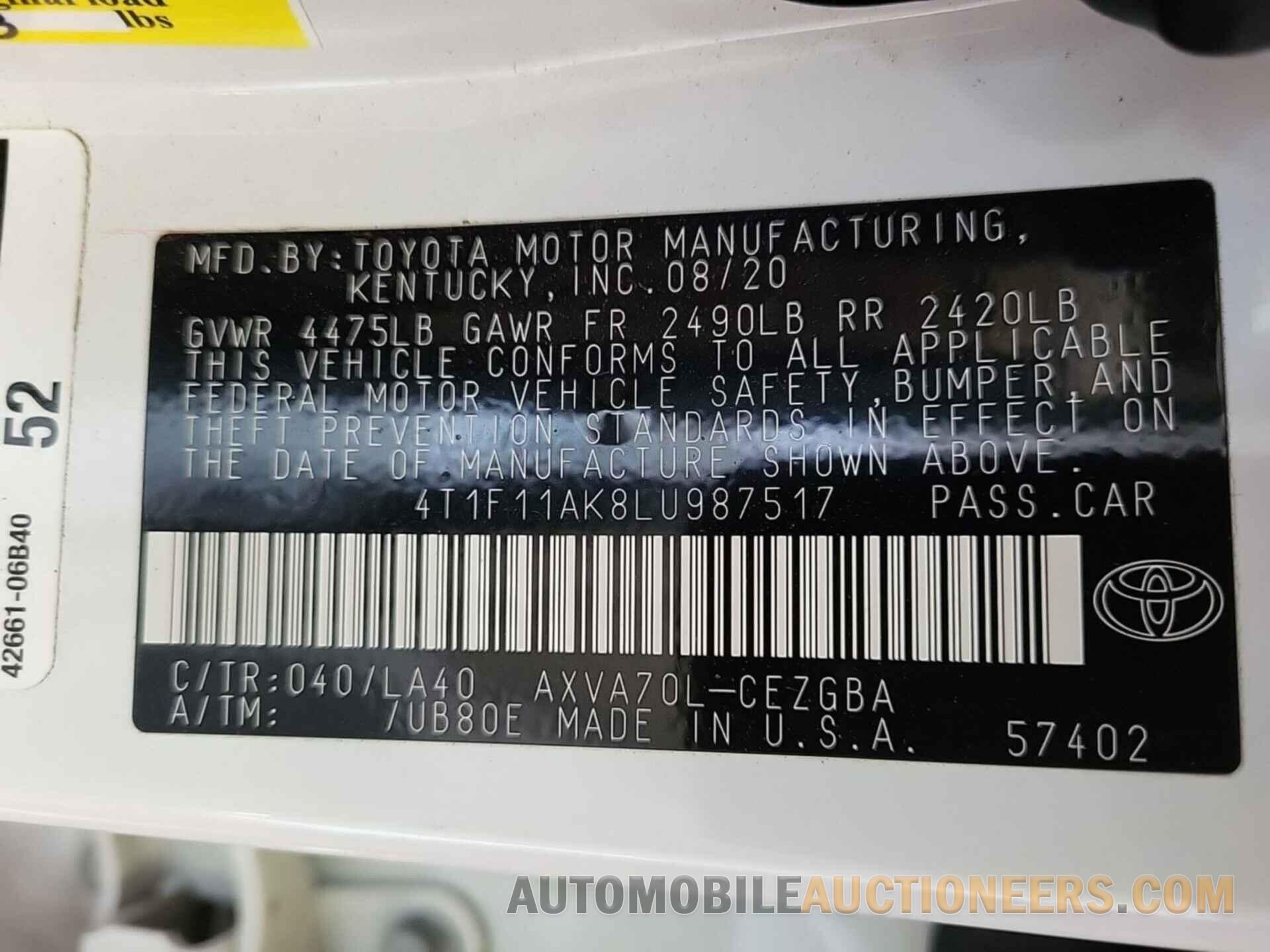 4T1F11AK8LU987517 TOYOTA CAMRY 2020