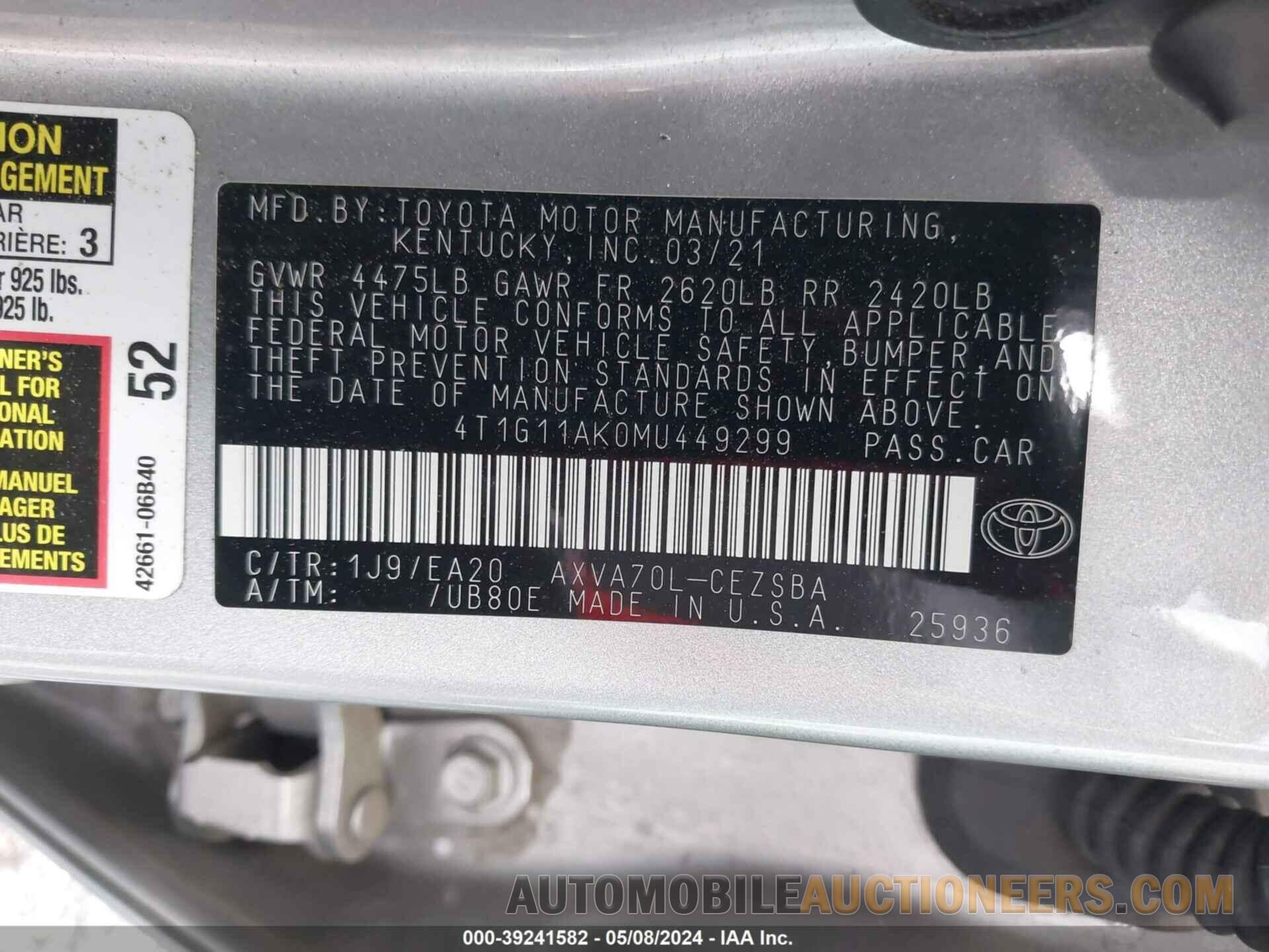 4T1G11AK0MU449299 TOYOTA CAMRY 2021