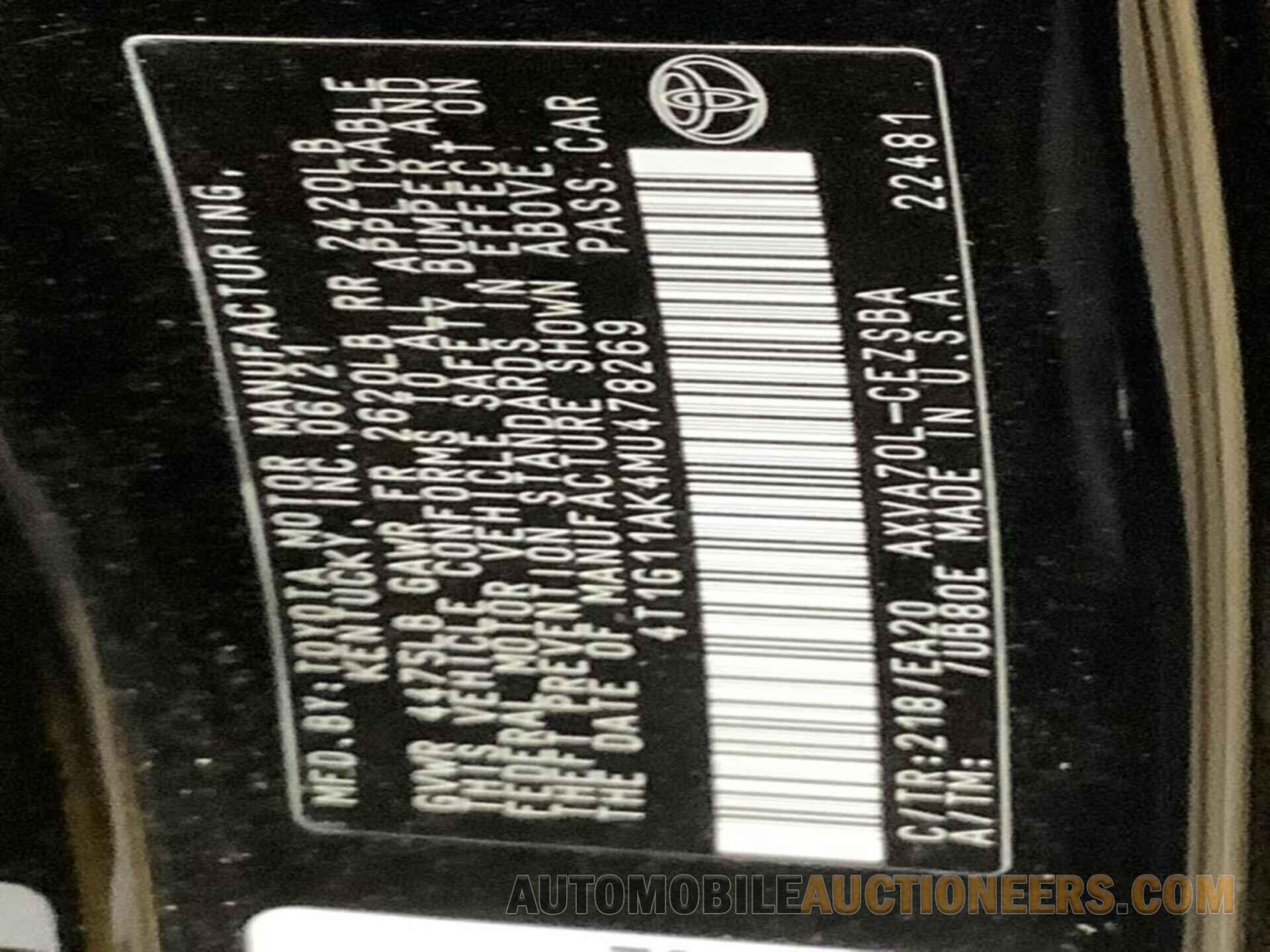 4T1G11AK4MU478269 TOYOTA CAMRY 2021