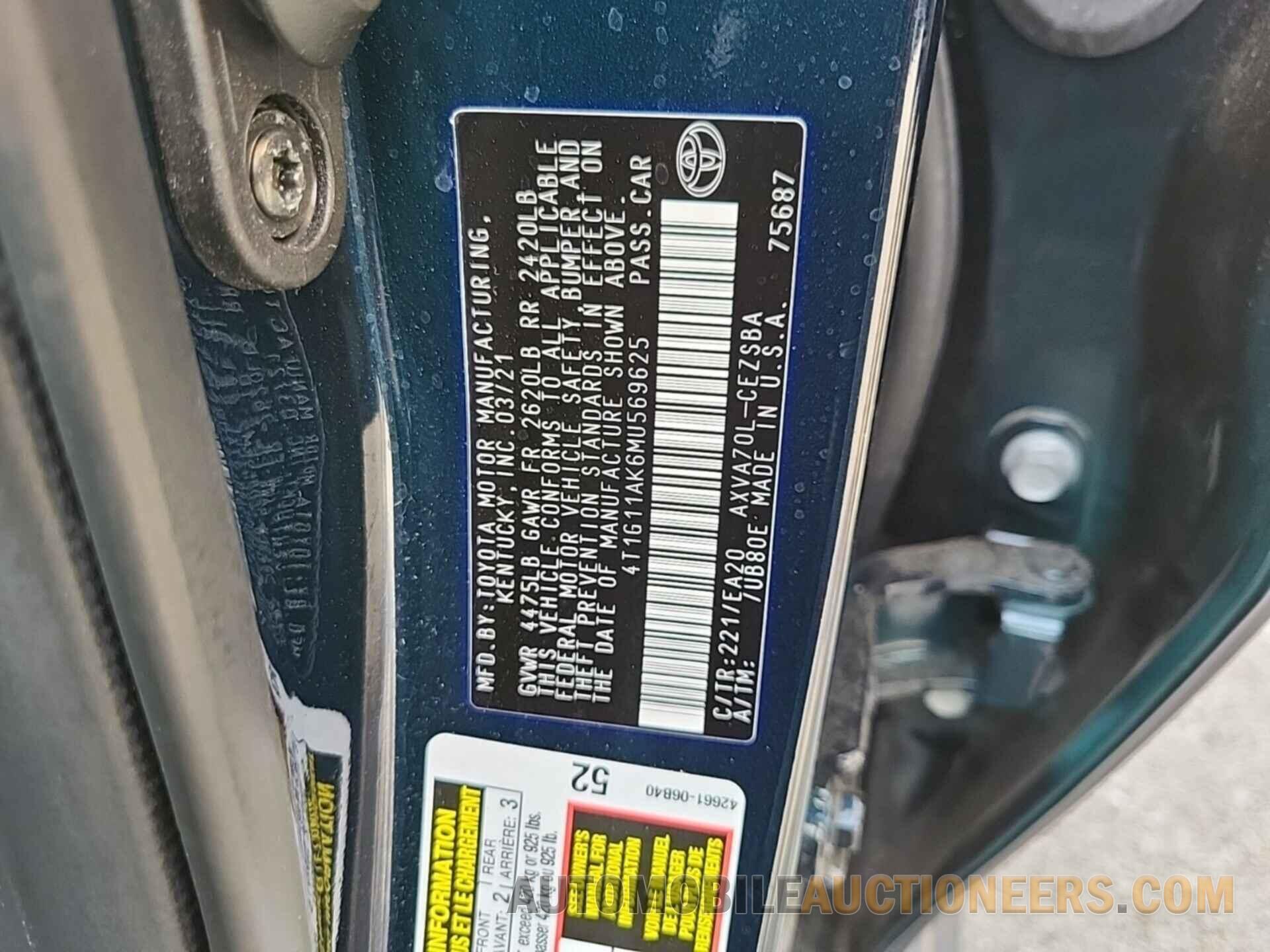 4T1G11AK6MU569625 TOYOTA CAMRY 2021