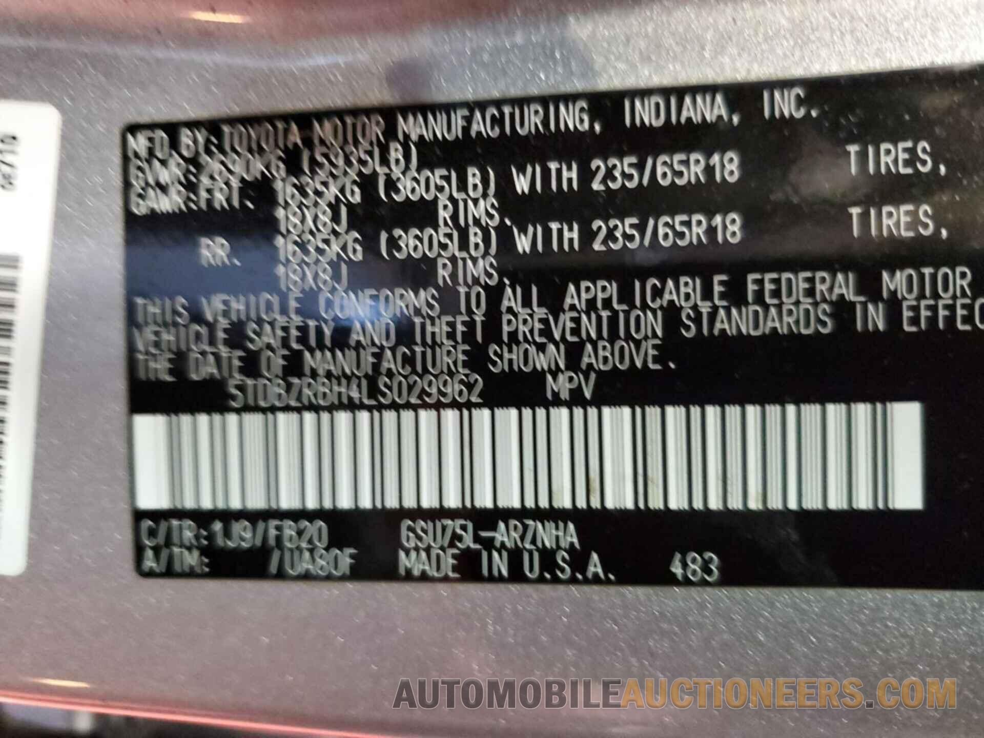 5TDBZRBH4LS029962 TOYOTA HIGHLANDER 2020