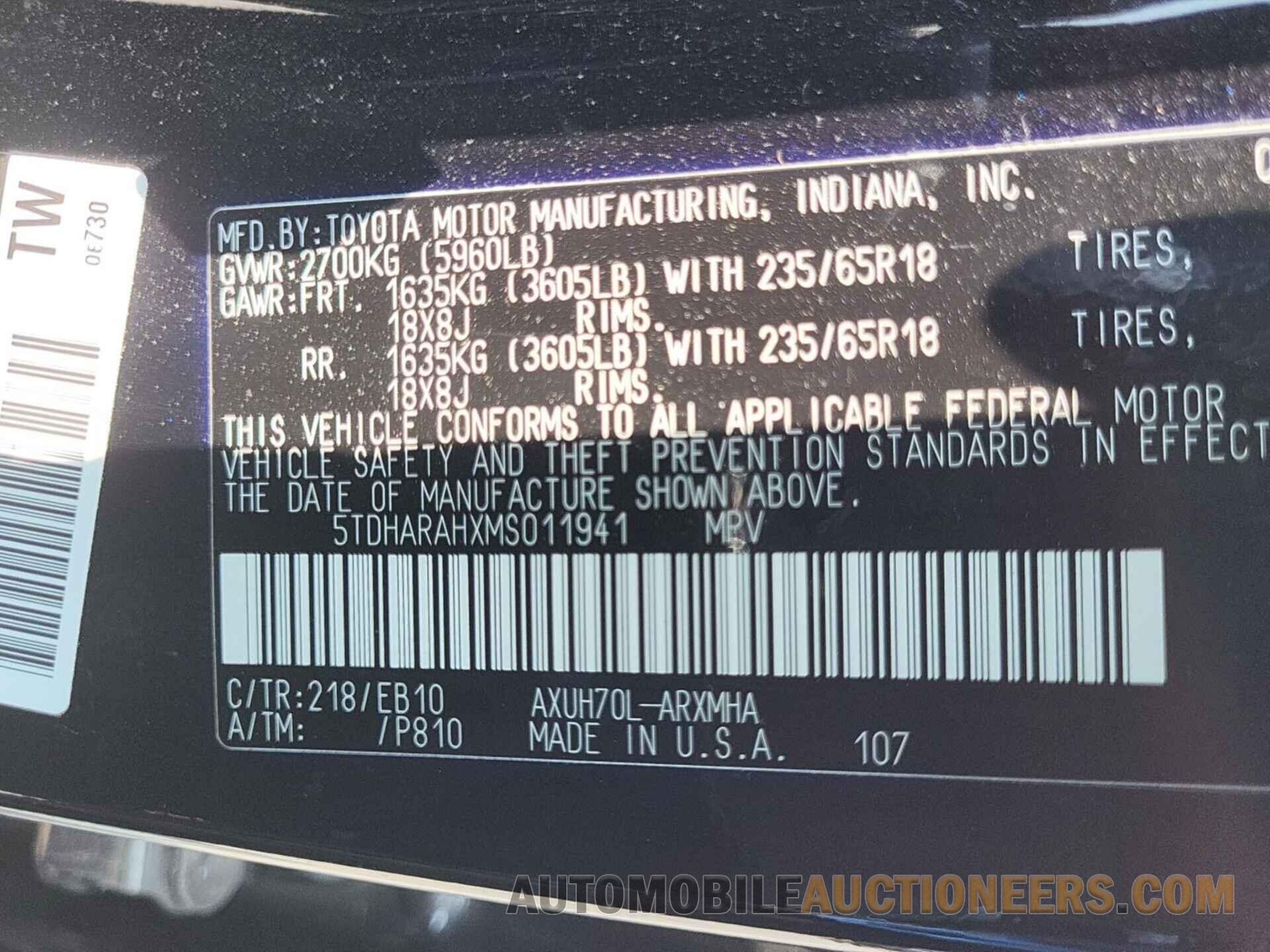 5TDHARAHXMS011941 TOYOTA HIGHLANDER 2021