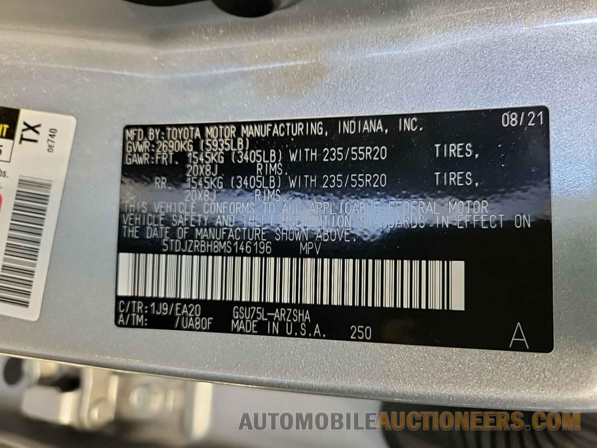 5TDJZRBH8MS146196 TOYOTA HIGHLANDER 2021