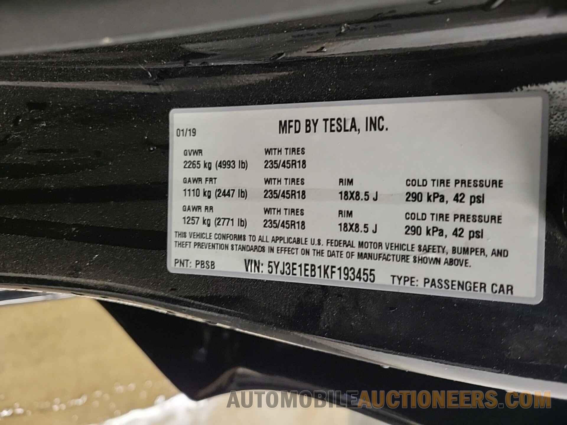 5YJ3E1EB1KF193455 TESLA MODEL 3 2019