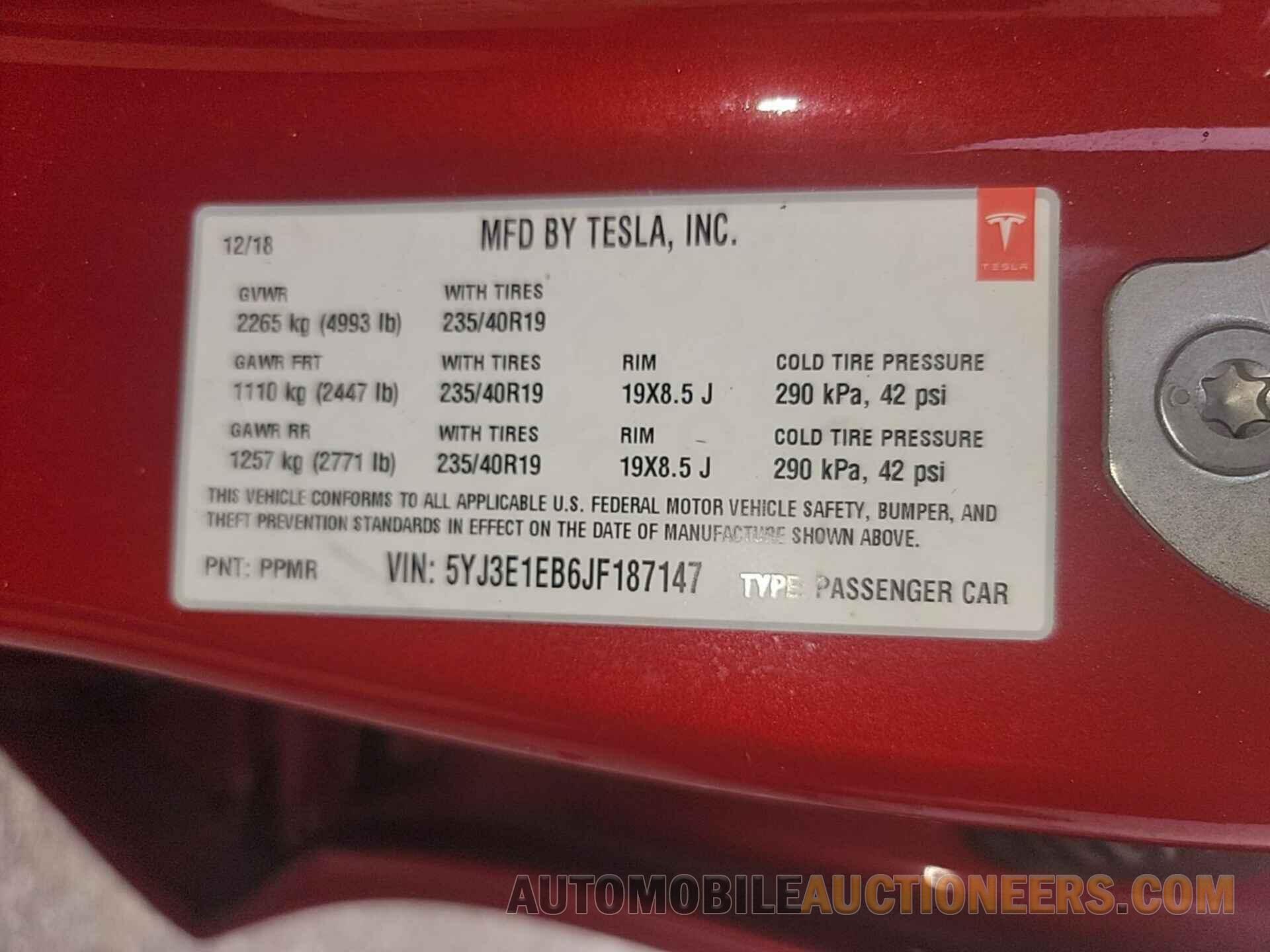 5YJ3E1EB6JF187147 TESLA MODEL 3 2018