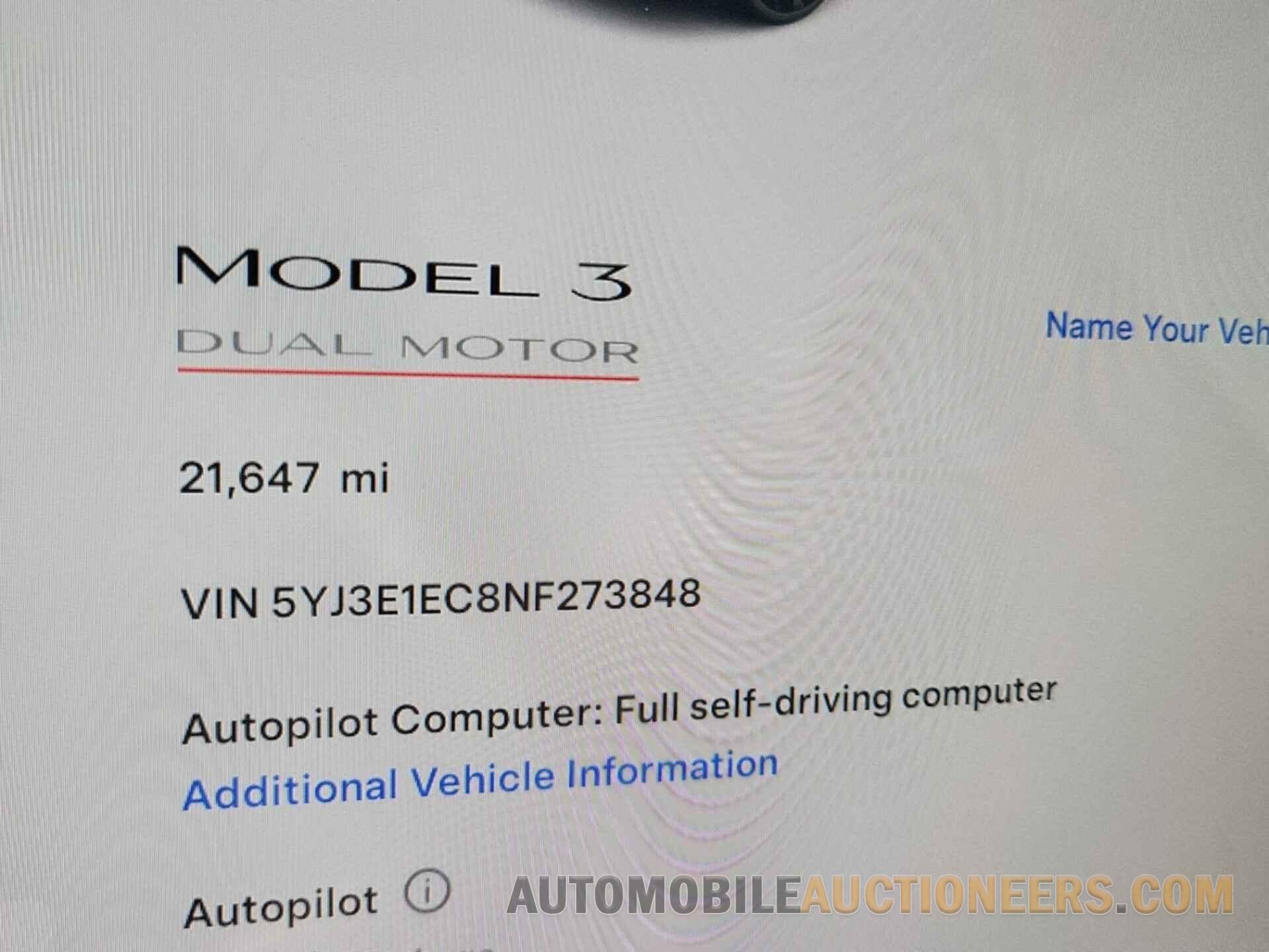 5YJ3E1EC8NF273848 TESLA MODEL 3 2022