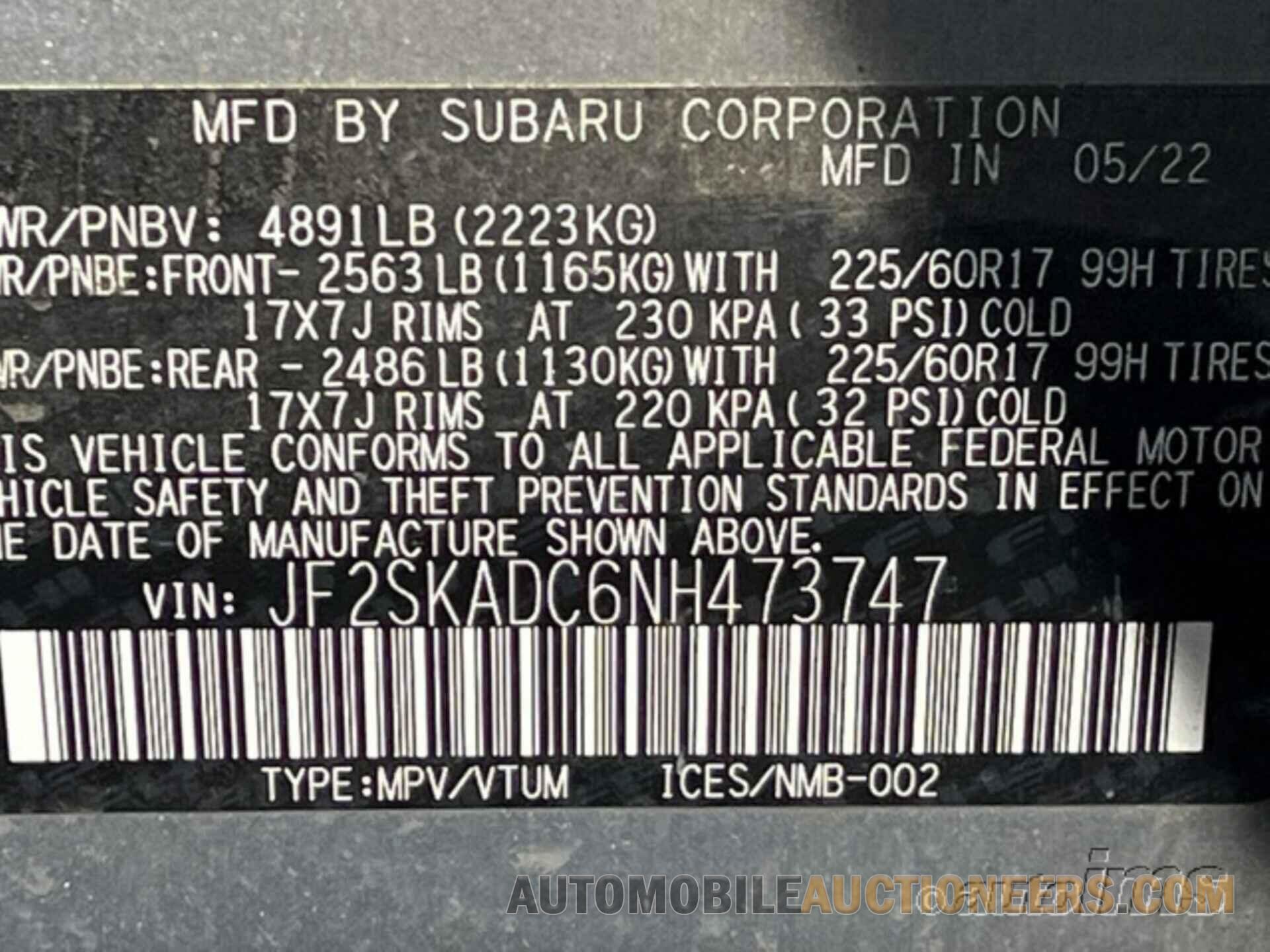 JF2SKADC6NH473747 SUBARU FORESTER 2022