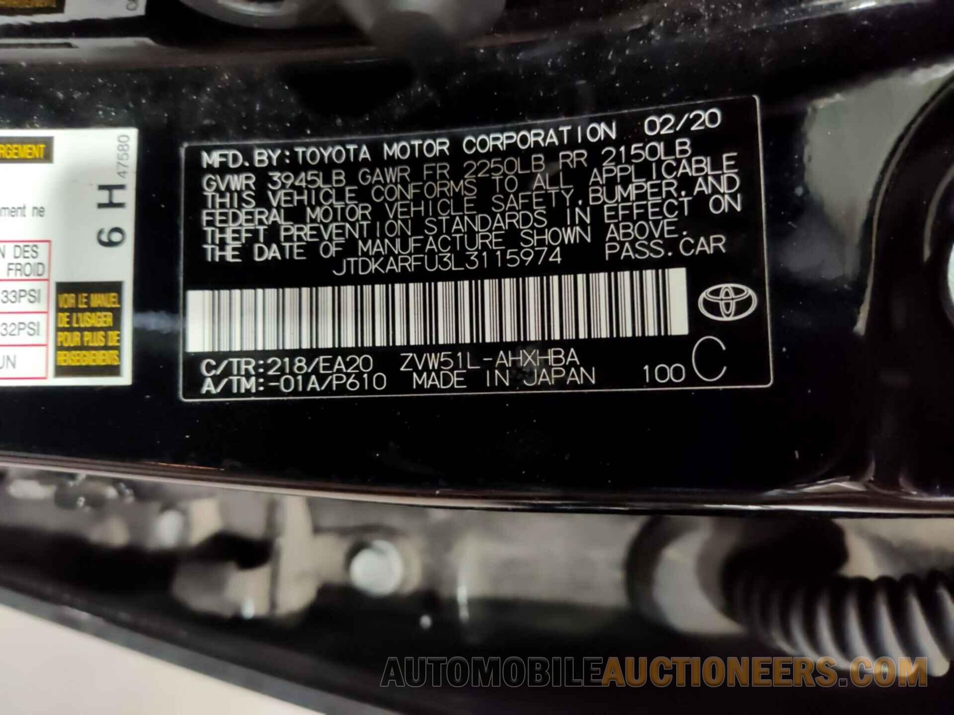 JTDKARFU3L3115974 TOYOTA PRIUS 2020